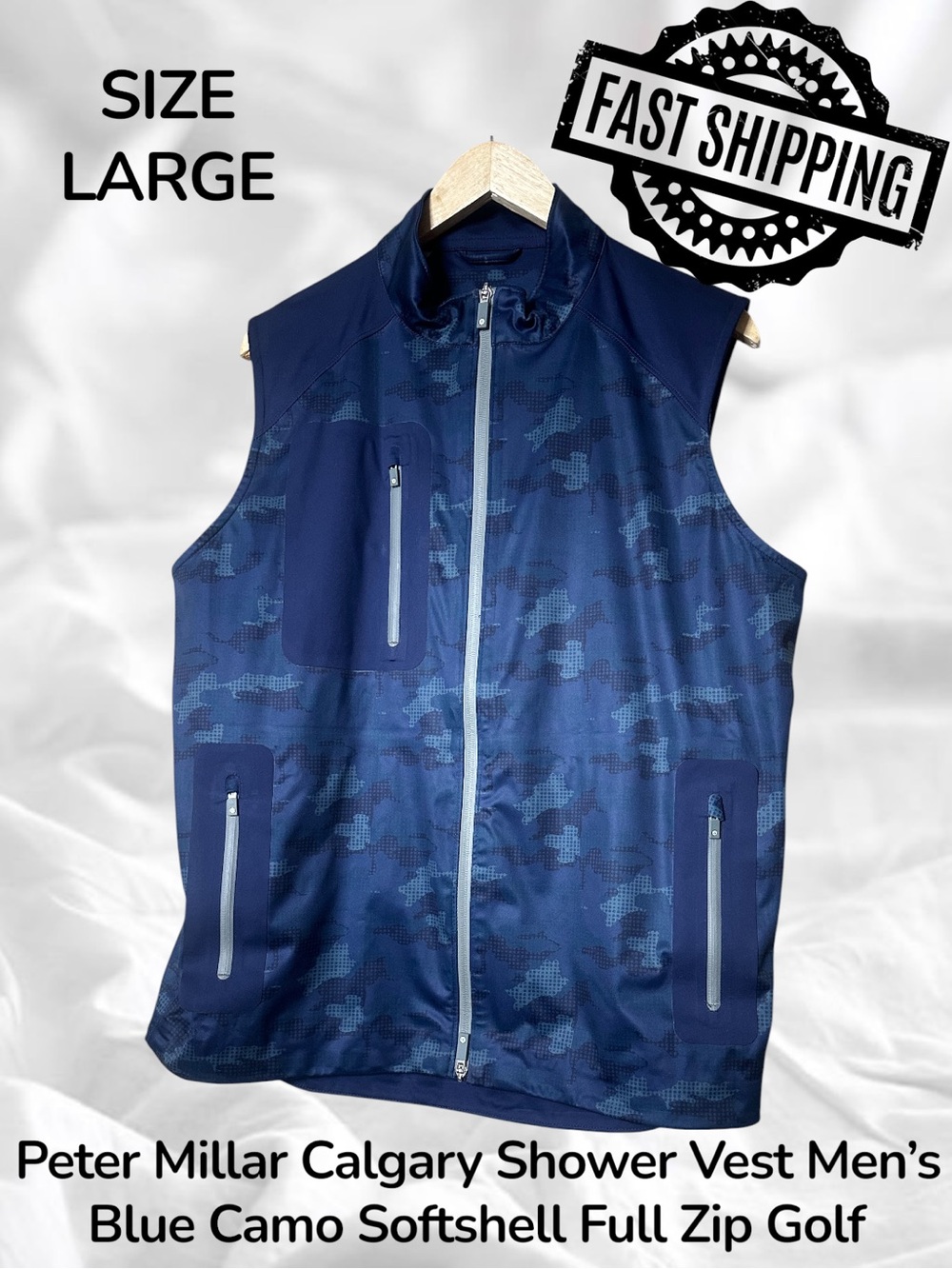 Peter Millar Calgary Shower Vest Men’s Large Blue Camo Softshell Full Zip Golf